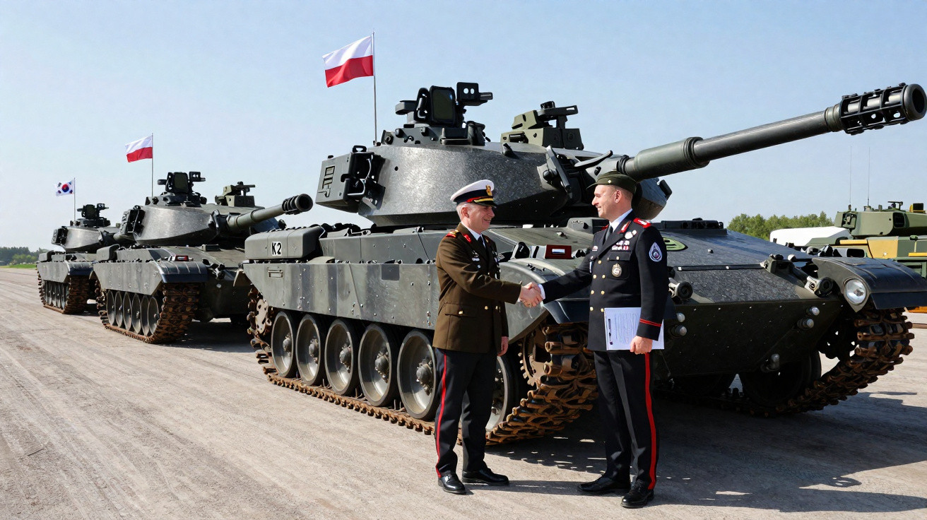 Two military officers shaking hands in front of two tanks with Polish and South Korean flags on a sunny day