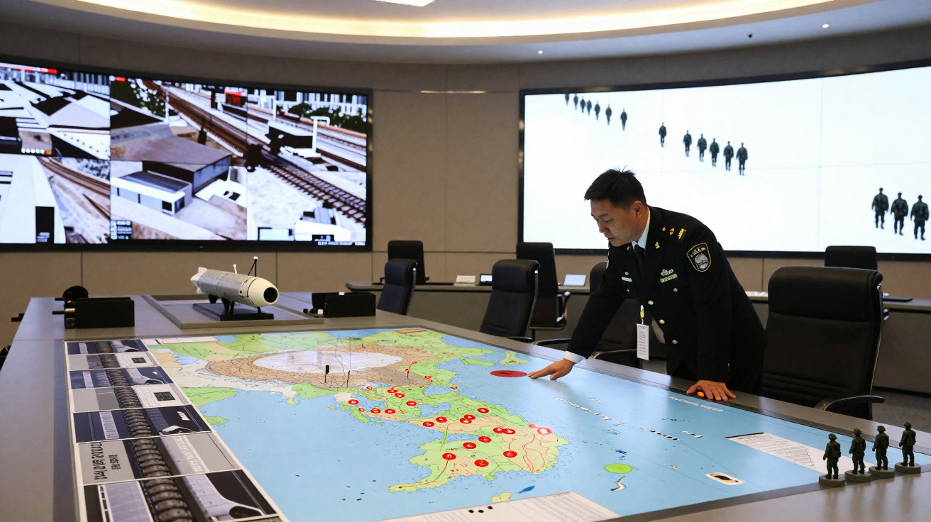 A uniformed officer stands over a large digital map table with marked locations in a modern control room.