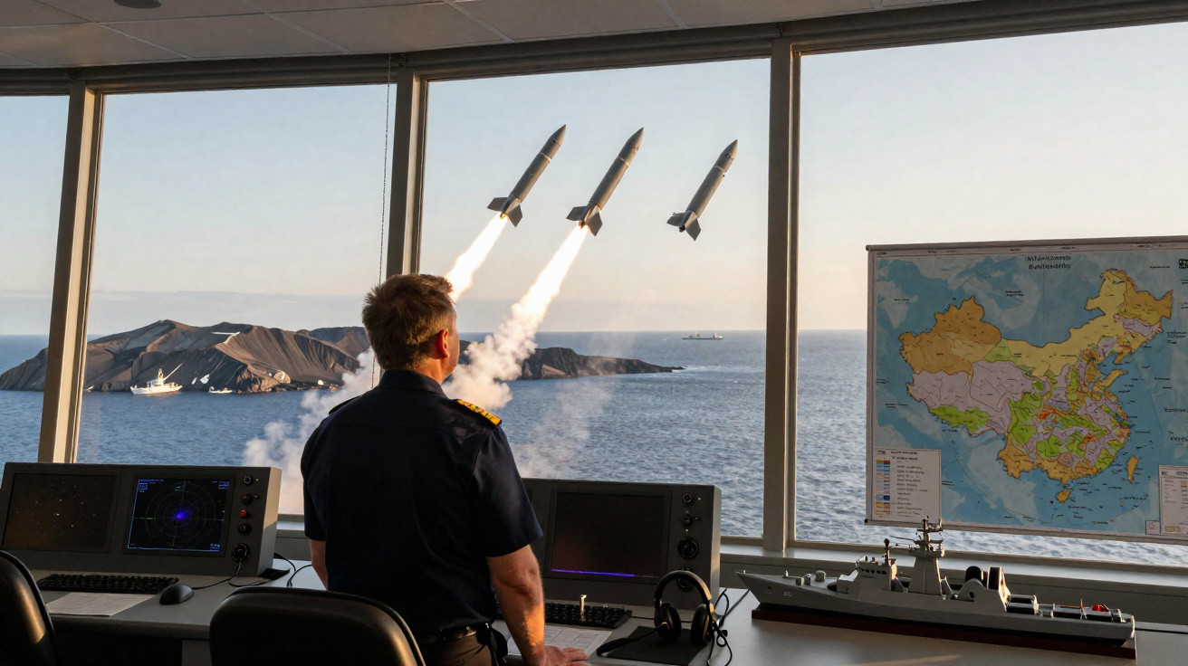 Military officer observing three missiles launching from a naval ship near an island, with a map of China on the wall.