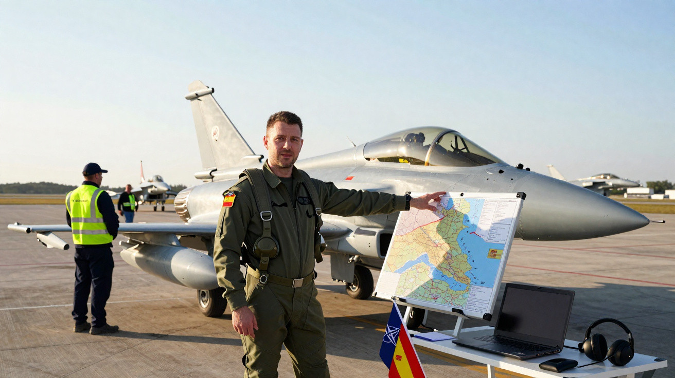 A pilot in flight suit points to a map on a stand beside a fighter jet on an airbase tarmac.
