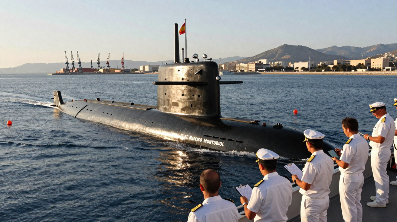 Spanish submarine S-82 Narciso Monturiol sailing near port with naval officers observing from dock.