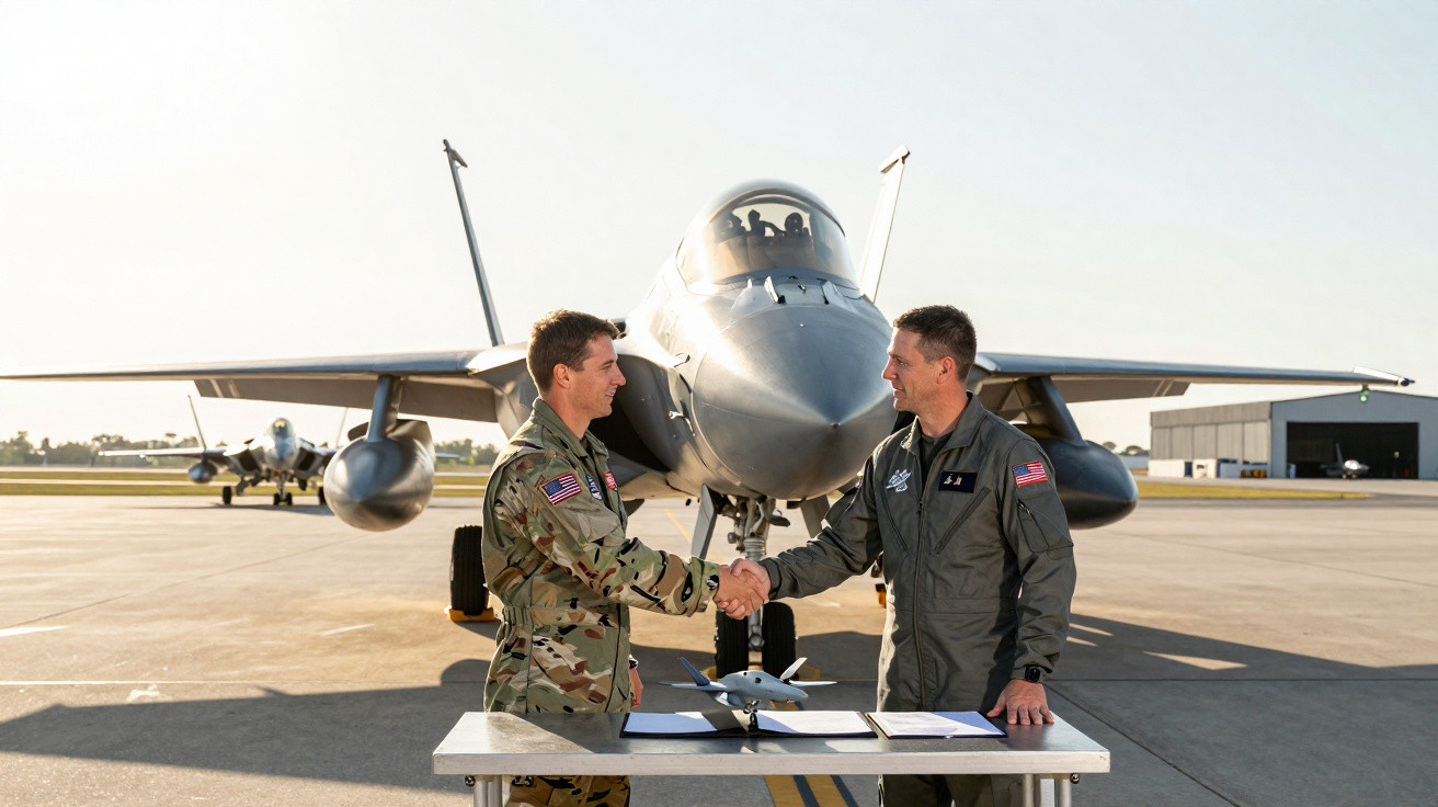 Two military personnel shaking hands beside a fighter jet on an airbase tarmac with documents on a table.