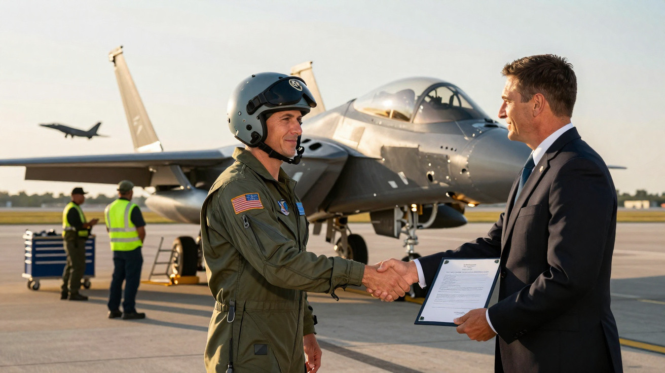 A pilot in flight suit shakes hands with a man in a suit near a military jet on an airbase runway.