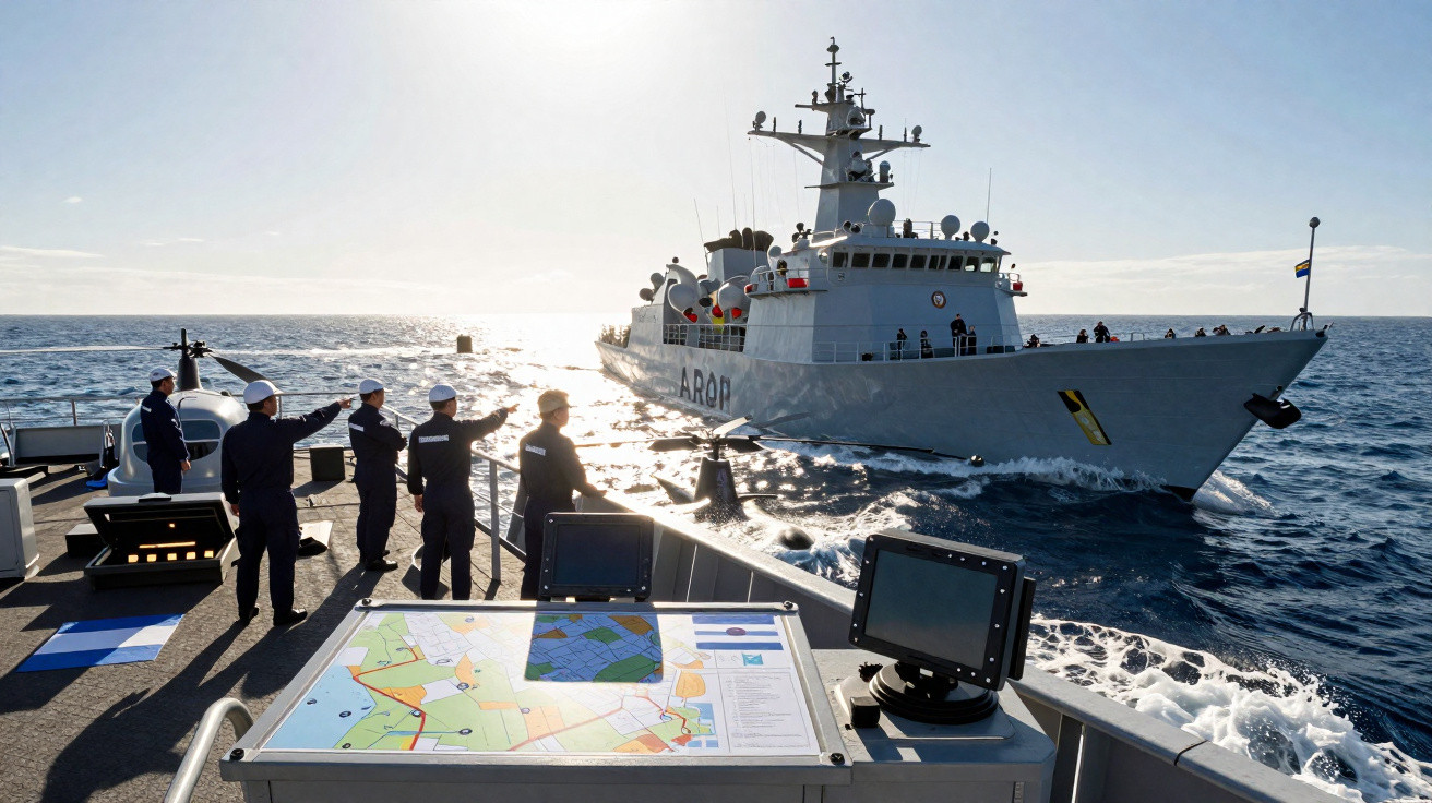 Crew members on a navy ship observing another naval vessel sailing alongside on a sunny day at sea.