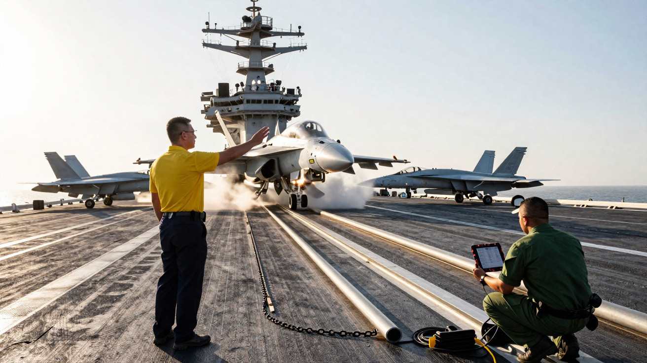 An aircraft launches from a carrier deck with two crew members monitoring the process at sunrise.