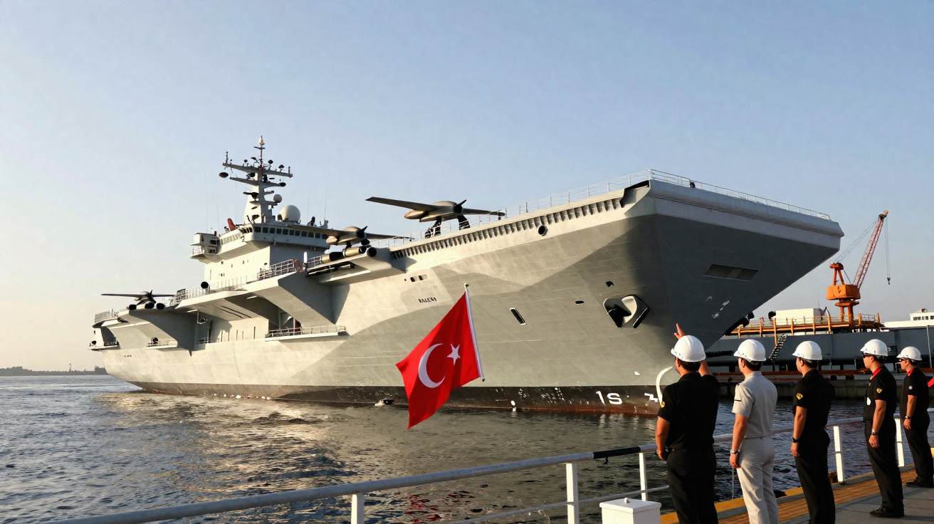Large naval ship with a Turkish flag docked by a pier, with five people in helmets standing and observing.
