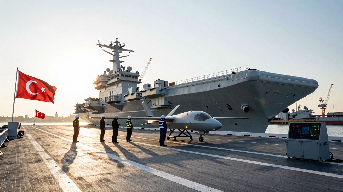 Turkish naval aircraft carrier with drone and personnel on deck at sunset, Turkish flag waving nearby.