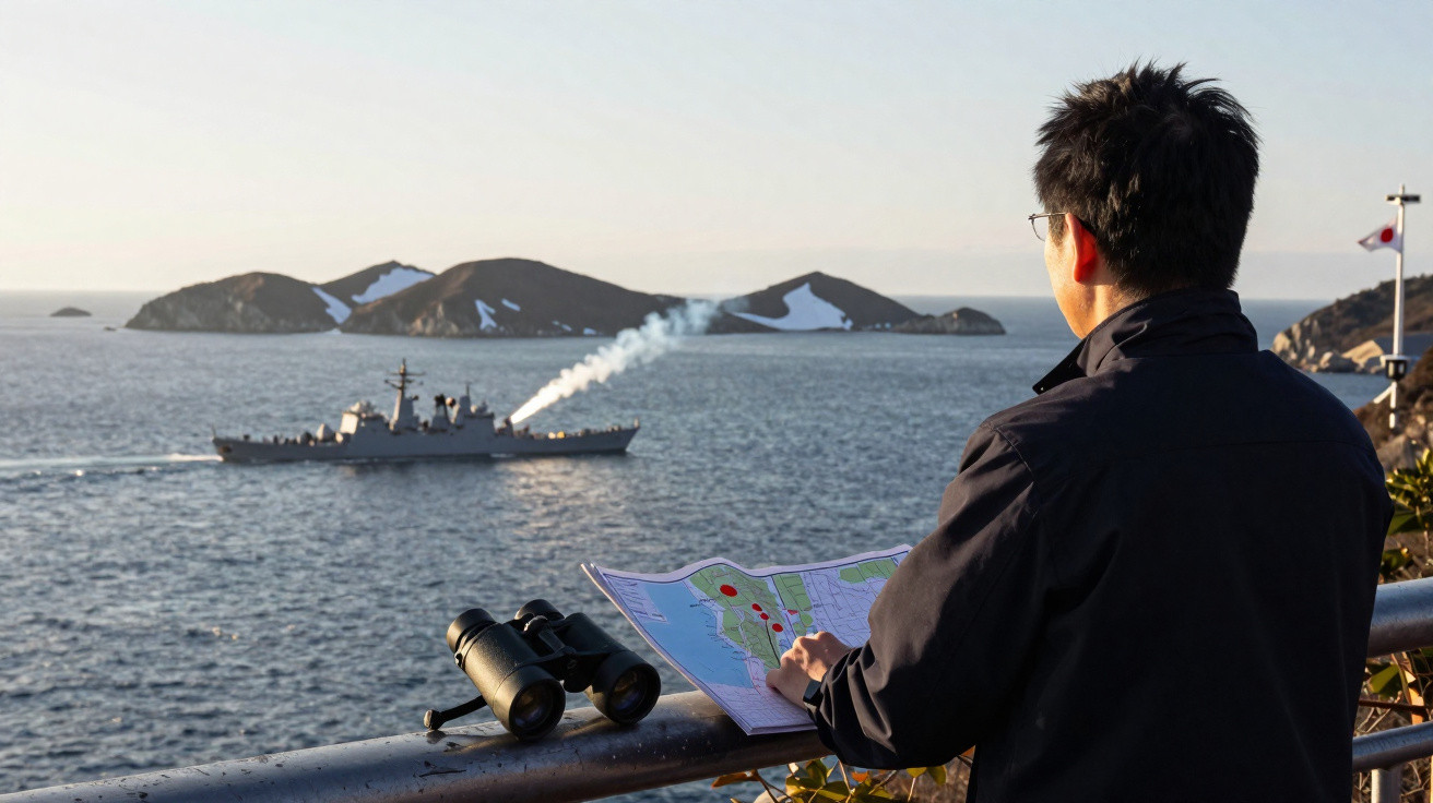 Person holding a map and watching a naval ship firing a cannon near a rocky island in calm sea.