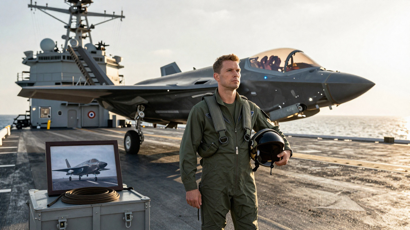 Military pilot in flight suit holding helmet on aircraft carrier deck with stealth fighter jet in background at sunset.