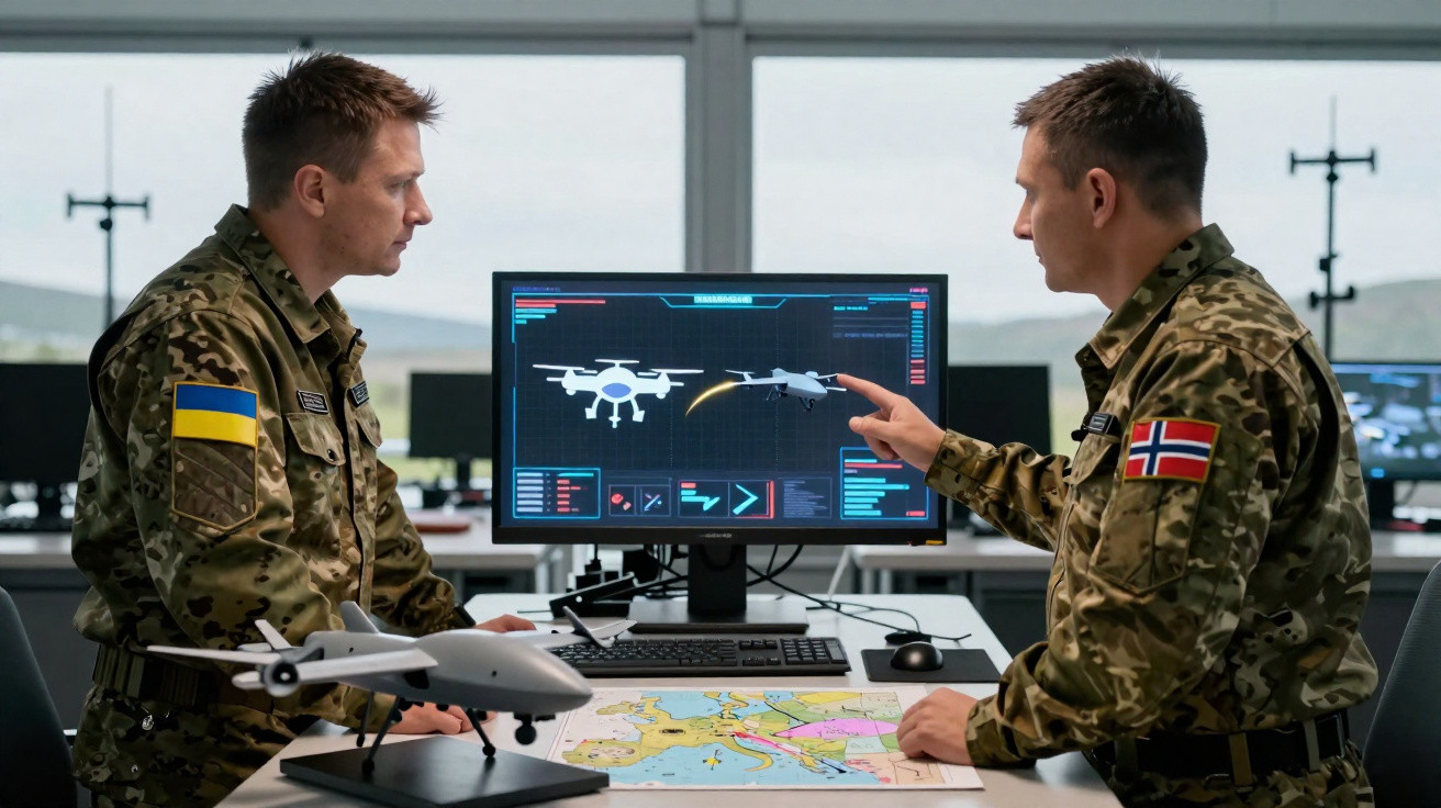 Two soldiers in camouflage uniforms with Ukraine and Norway flags discuss drone designs on a computer screen and a map.