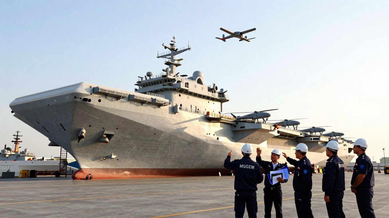 Large naval ship docked with five crew members in hard hats and a drone flying overhead in clear sky.