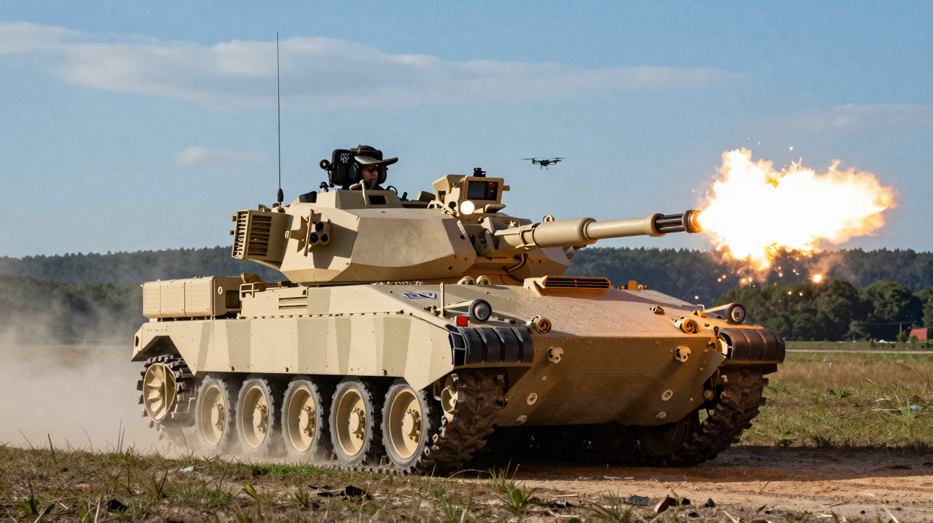 Desert camouflage tank firing its main gun on a dirt road in a field with trees in the background.