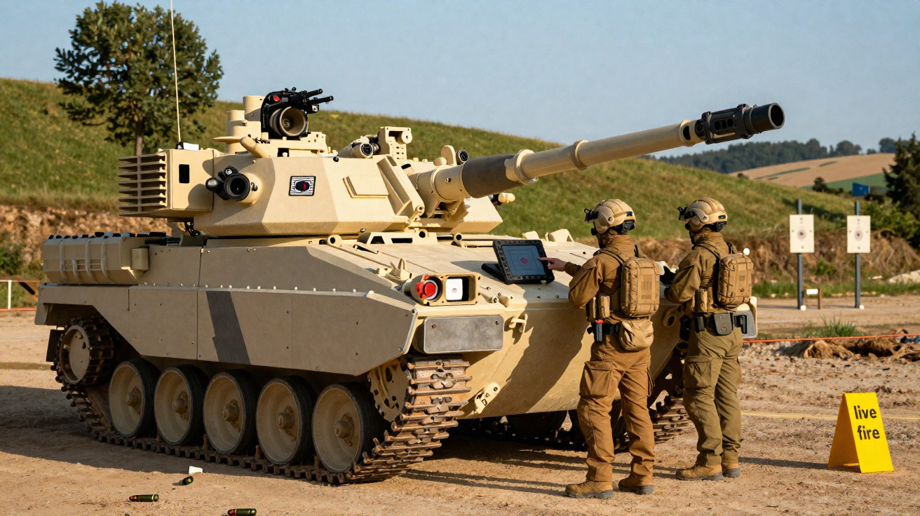 Two soldiers operate a beige military tank on a firing range with a live fire warning sign nearby