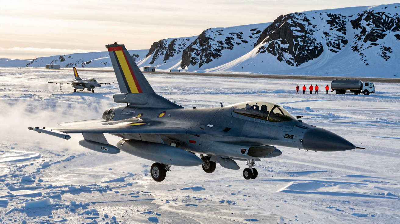 Fighter jets with Belgian markings landing on a snowy runway with mountains and people in the background.