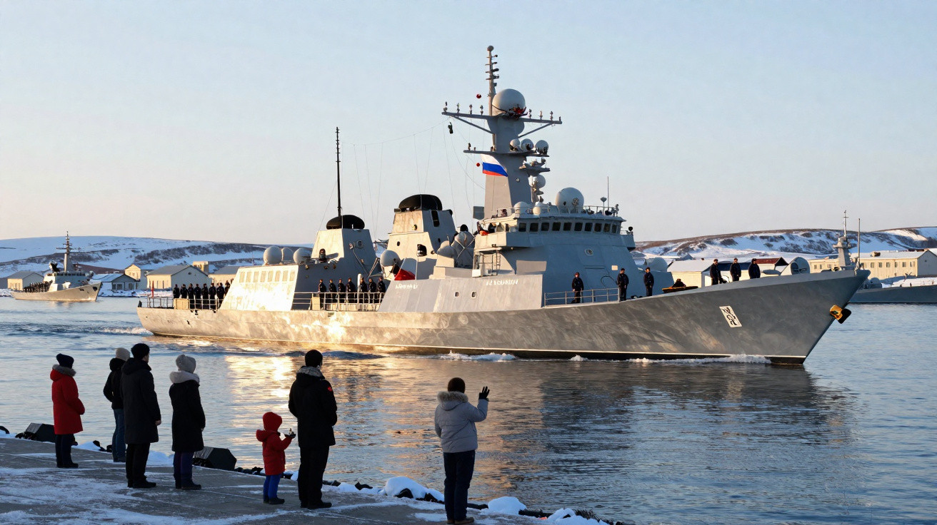 Military ship with crew aboard sailing near snowy shore where people watch and wave during daylight.