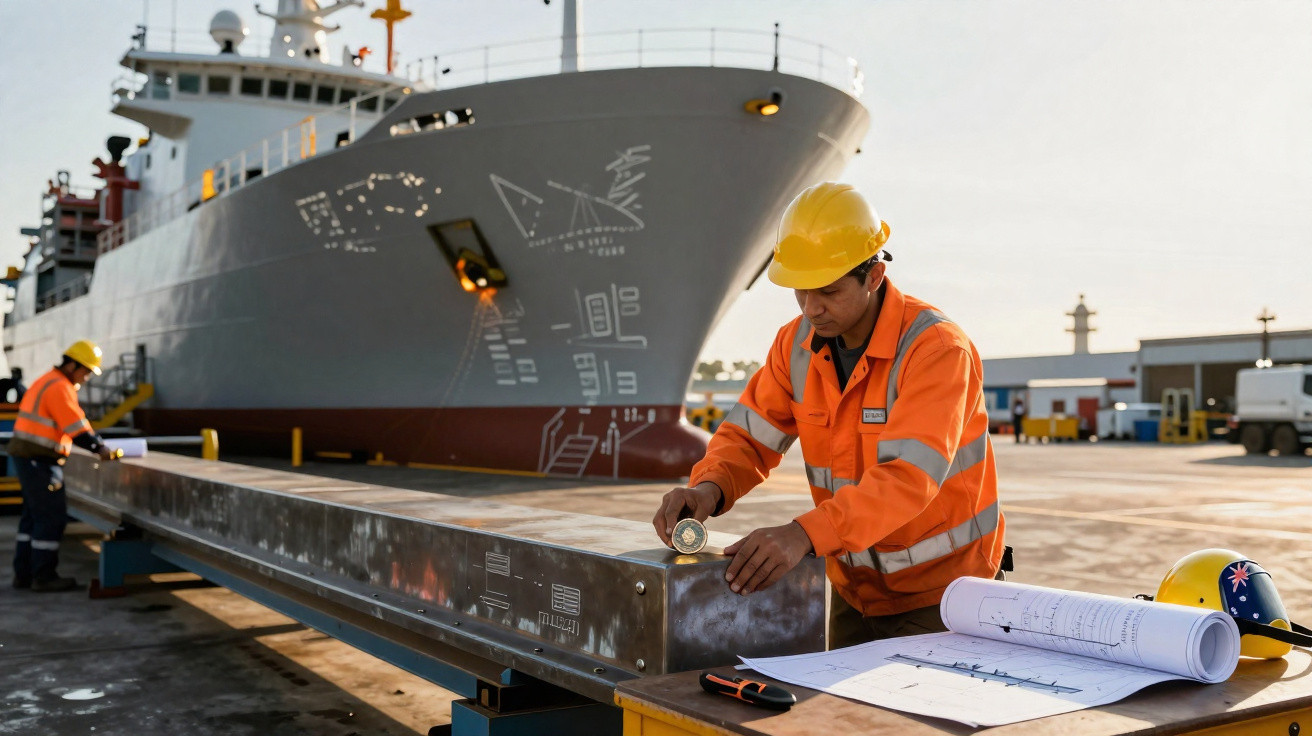 Worker in high-visibility clothing measuring steel beam at dockyard with large ship and blueprints nearby.