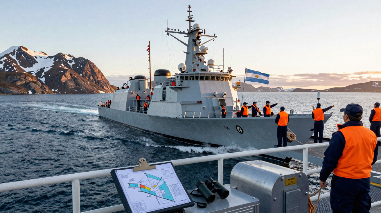 Naval ship with crew in orange vests approaching another vessel in cold waters near snow-capped mountains at sunset.