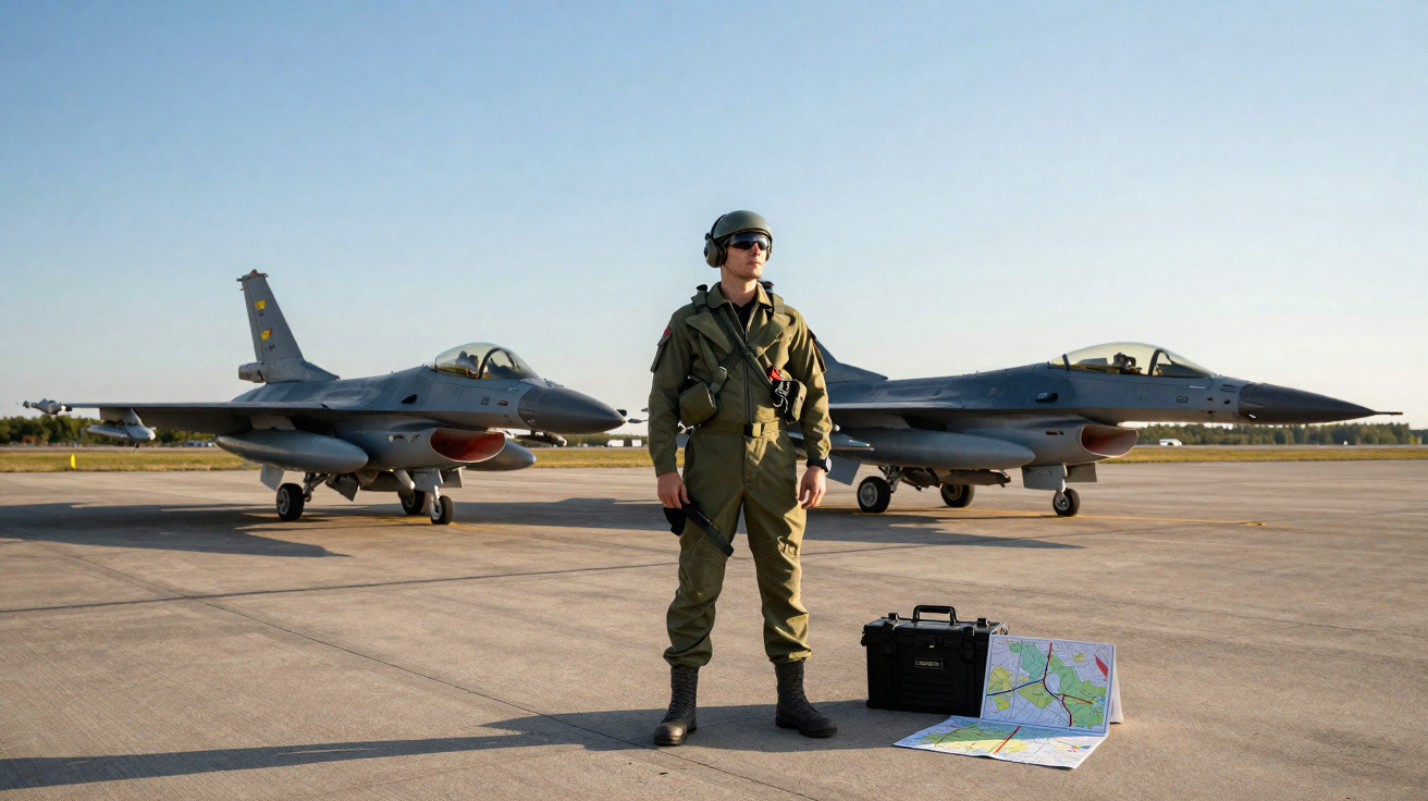 Military pilot in flight suit standing on runway with two fighter jets and maps on ground.