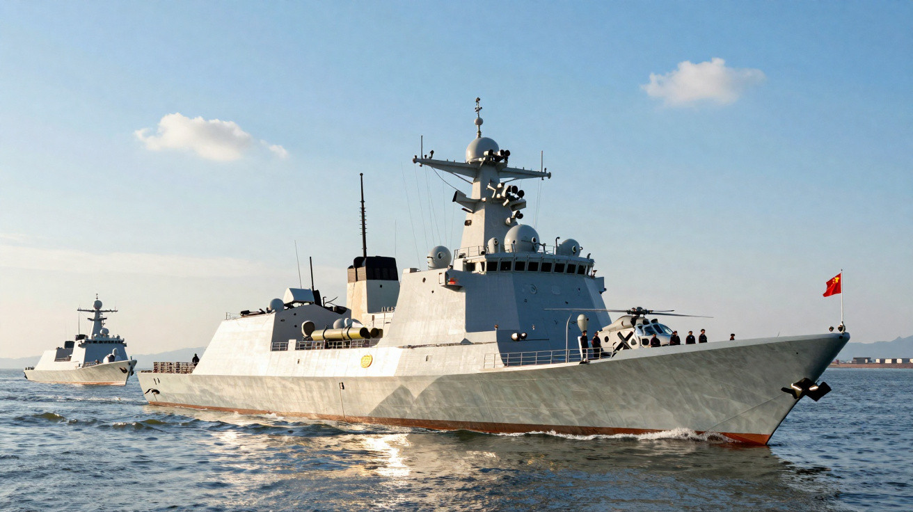 Two modern naval warships sailing on calm sea under a clear blue sky with small clouds.