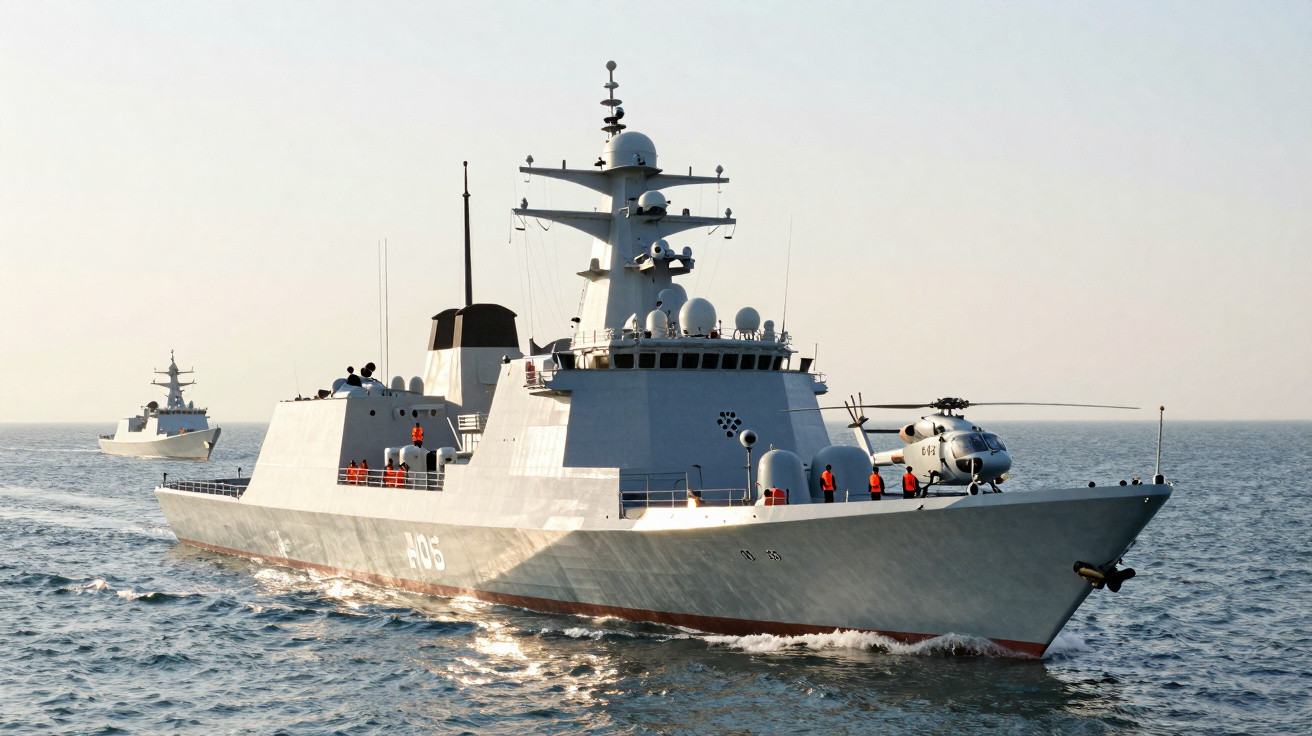 Two modern naval warships sailing on calm sea with personnel on deck and a helicopter on the lead ship.