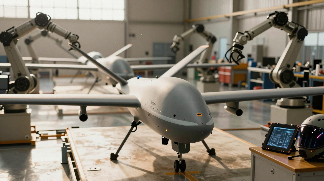 Unmanned aerial vehicle (drone) in a workshop with robotic arms and a control tablet nearby.