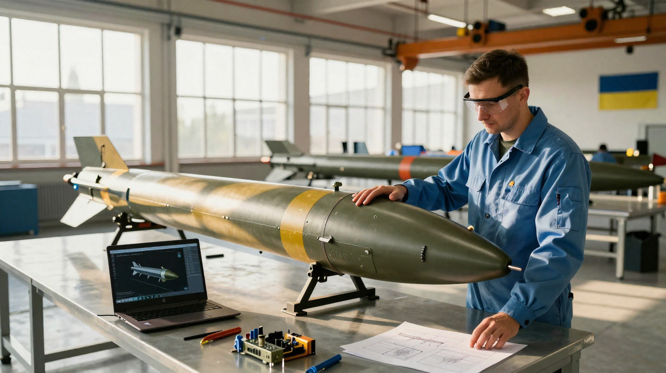 Engineer in safety glasses inspecting a large missile model on a workbench in a bright workshop.