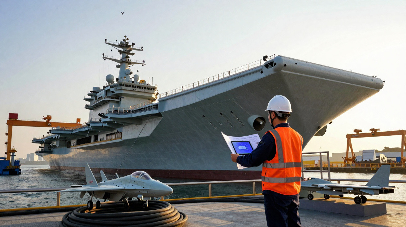Engineer in a hard hat and orange vest reviewing plans near a large aircraft carrier and model jets at a dockyard.