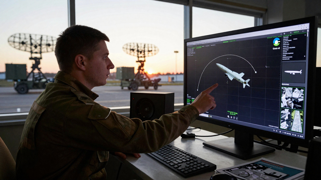 Military personnel analysing missile trajectory on computer screen inside control room at sunset.