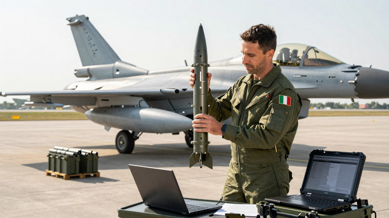 Military pilot in Italian uniform examining missile on airbase with fighter jet and laptops nearby