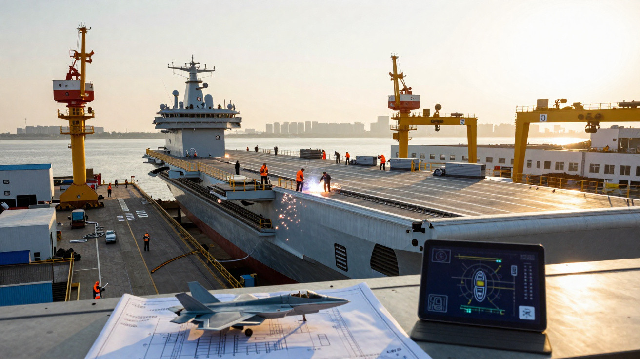 Aircraft carrier under construction at dockyard with workers and model fighter jet on plans in foreground