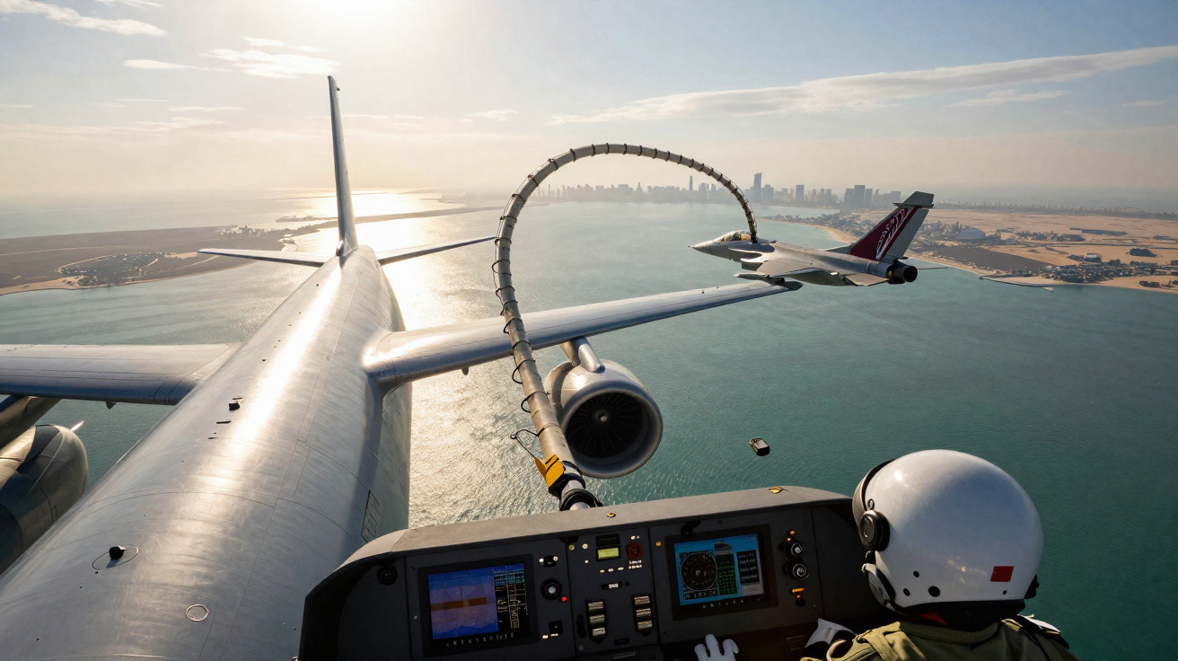Aerial refuelling of a military jet from a tanker aircraft over coastal waters with a city skyline in the background.