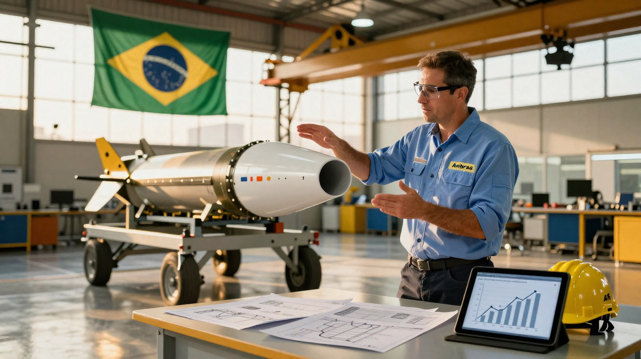 Engineer explaining a missile prototype in a workshop with Brazilian flag and technical drawings nearby.