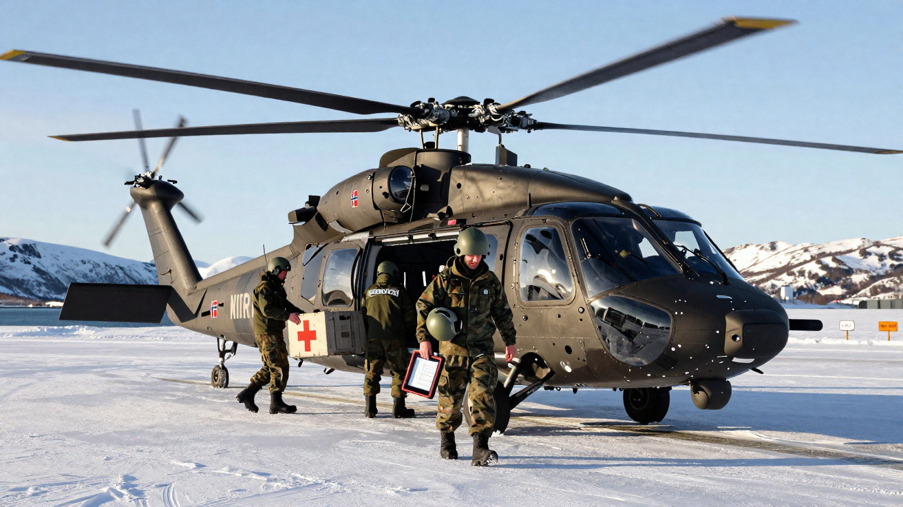 Military personnel unloading medical supplies from a black medevac helicopter on a snowy landscape with mountains in the back