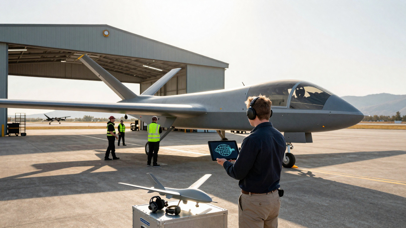 Man operates drone control tablet near large drone aircraft on airfield with personnel and hangar in the background.