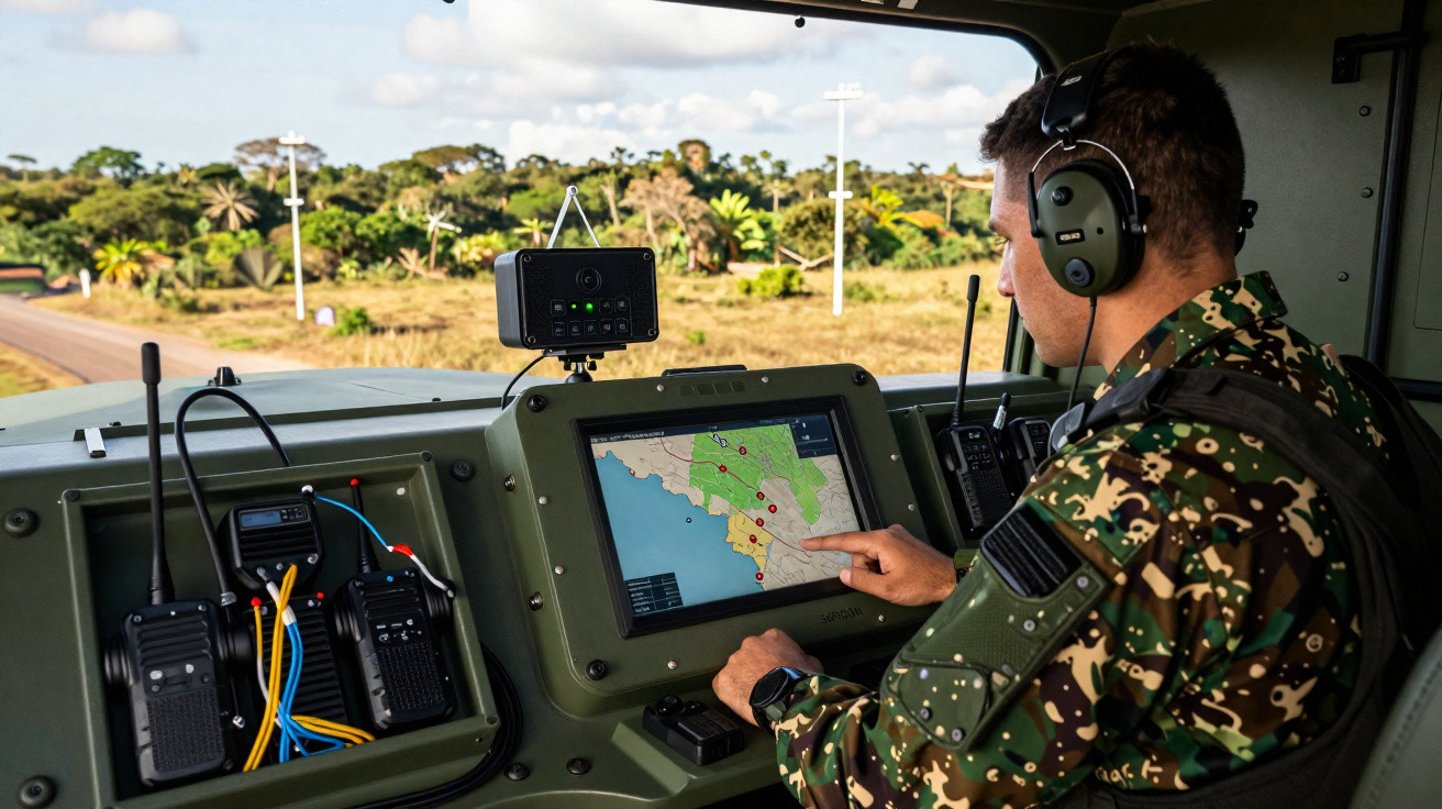 Soldier in camouflage uniform operating a touchscreen map inside a military vehicle with communication devices.
