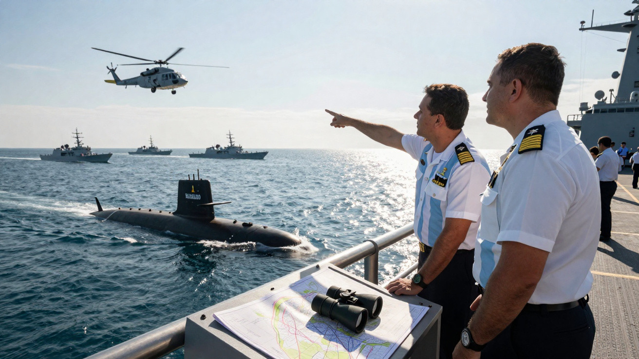 Two naval officers observing a submarine, helicopter, and ships during a maritime operation at sea.