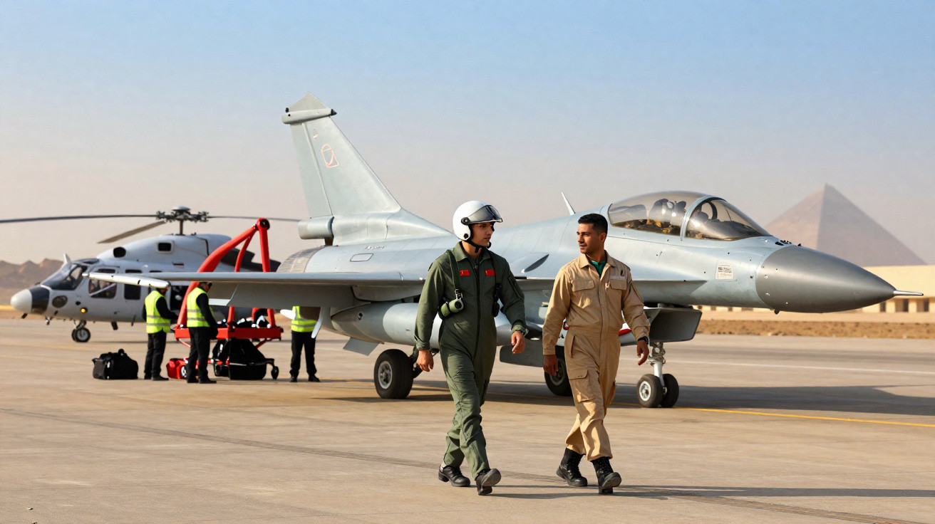 Two pilots walking on an airbase with a fighter jet and helicopter, Egyptian pyramids visible in the background.