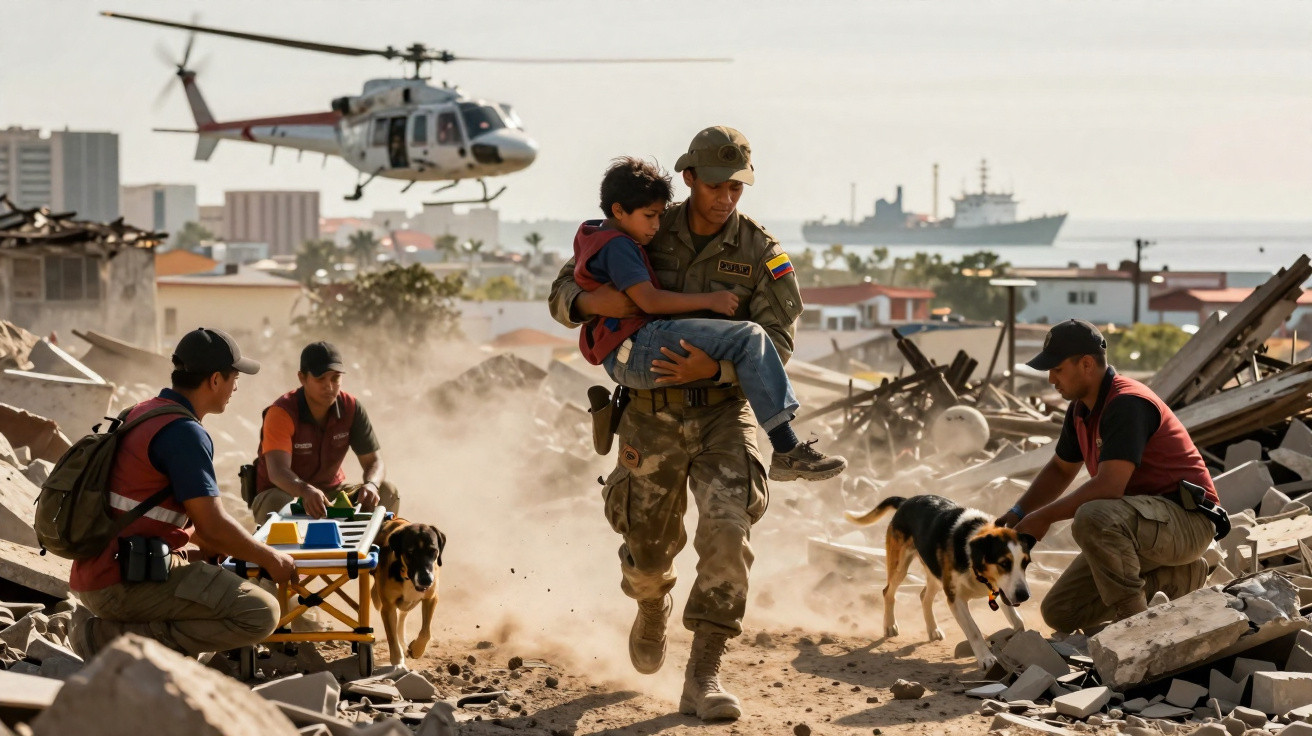Soldier carrying a child through rubble as rescue workers with dogs and a helicopter respond in the background.