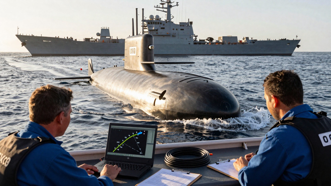 Two navy personnel monitoring a submarine surfacing near a warship from a boat with a laptop and documents