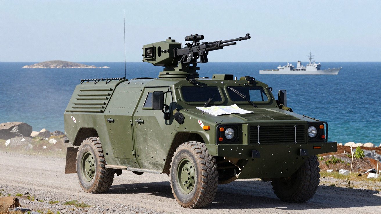 Armoured military vehicle with mounted machine gun driving on coastal road, warship visible in the sea behind.