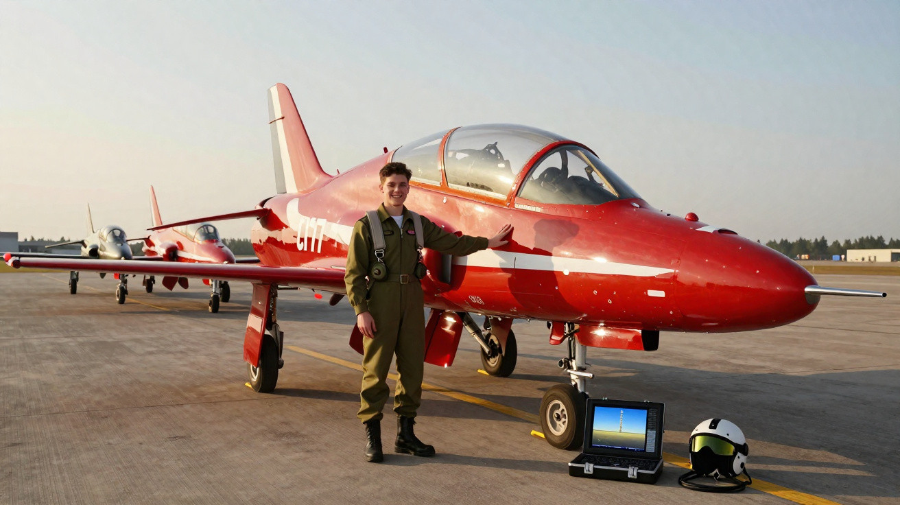 Pilot in green flight suit standing beside a red jet trainer aircraft on a runway with helmet and laptop nearby.