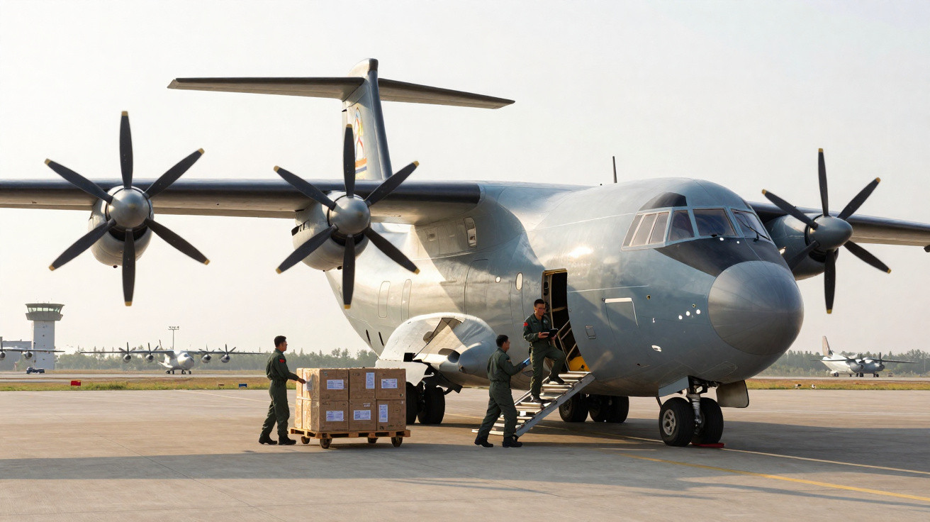 Military personnel unloading cargo from a large grey transport aircraft on an airfield.
