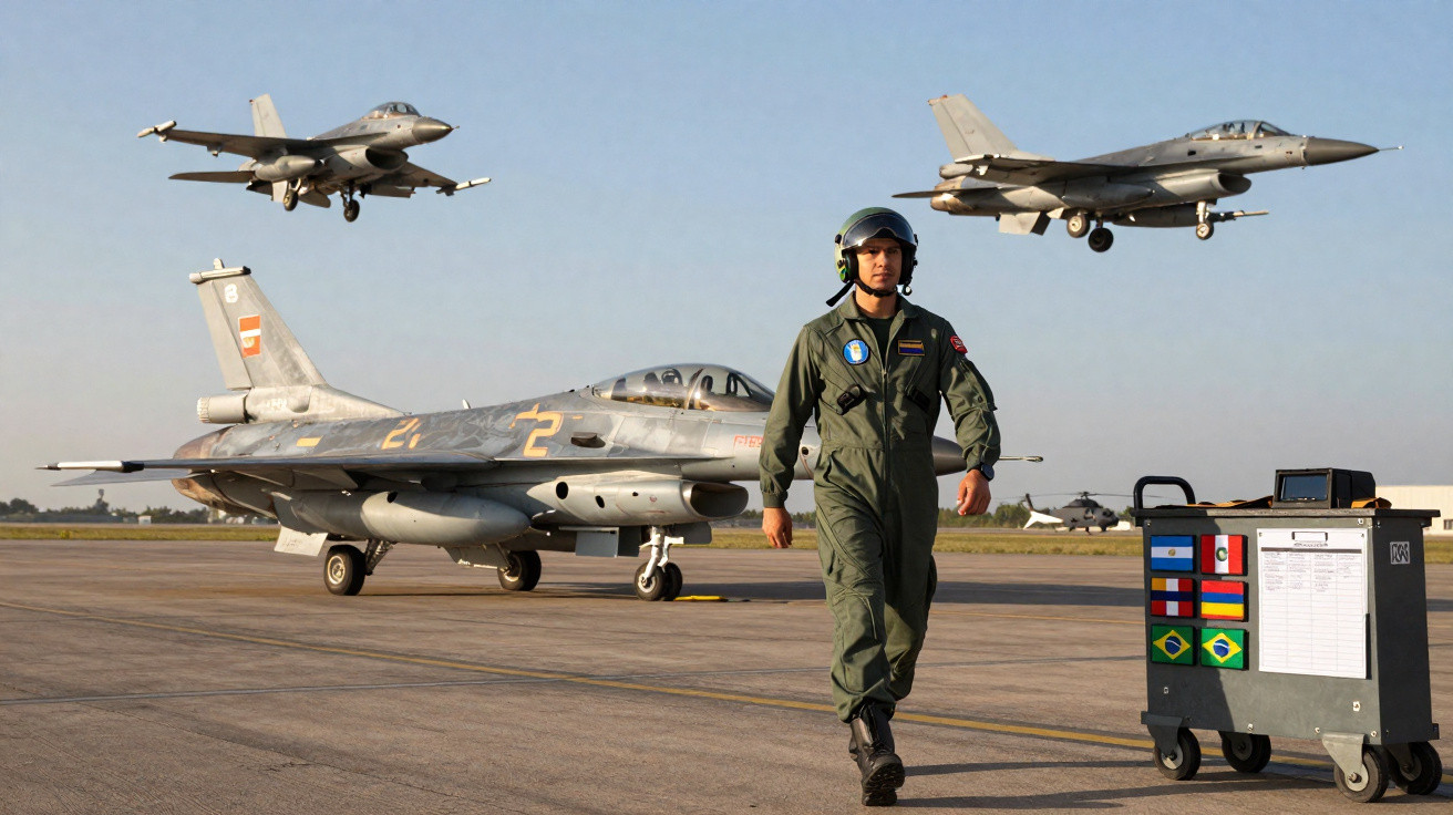 Military pilot in green flight suit walks on airbase runway with jet fighter and two jets flying overhead.