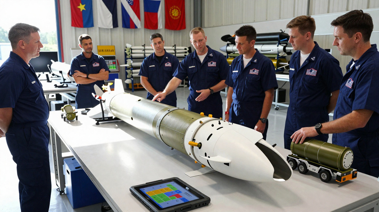 Military personnel in navy uniforms examine a large missile model on a table inside a hangar.