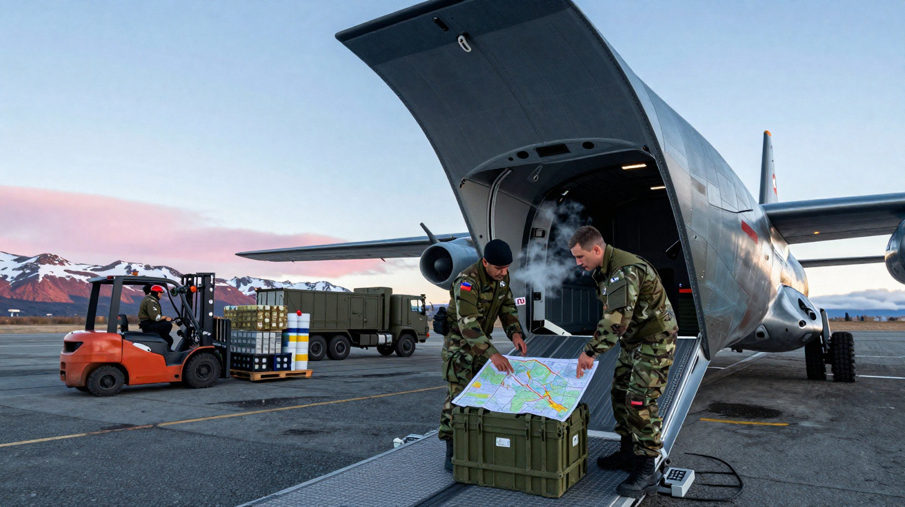Two soldiers examining a map beside an open military transport plane on a snowy mountain airfield.