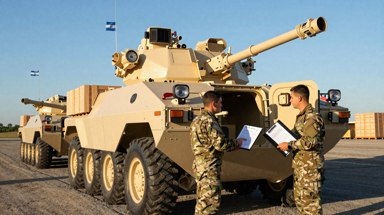 Two soldiers in camouflage reviewing documents beside beige armoured military vehicles with mounted cannons on a gravel surfa