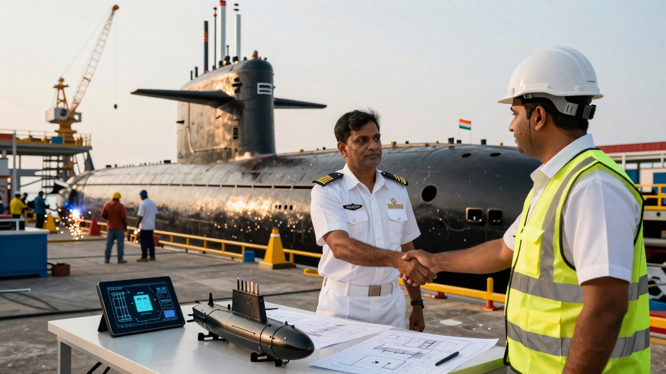 Naval officer and engineer shaking hands near submarine with technical plans and model on table at shipyard.