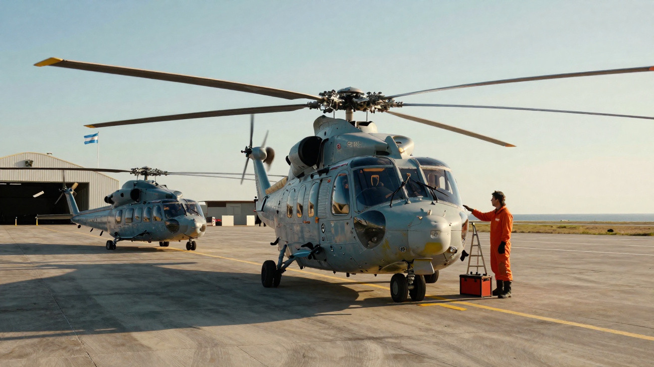Two military helicopters on airbase tarmac with a technician in orange interacting with the front helicopter.