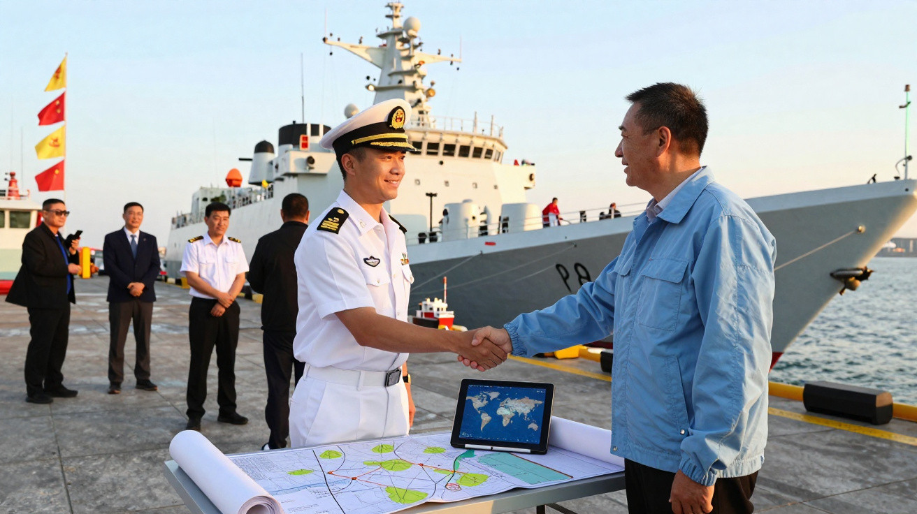 A naval officer and a man in a blue jacket shake hands on a dock by a warship with maps and a tablet on the table.