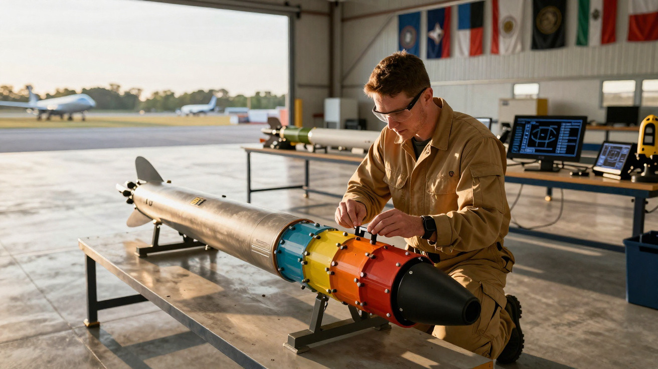 Technician in safety glasses assembling a large missile in an aircraft hangar with planes outside.